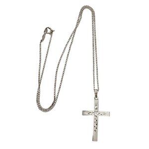10K White Gold Cross Pendant Chain Necklace 15" Long, Signed ESEMCO